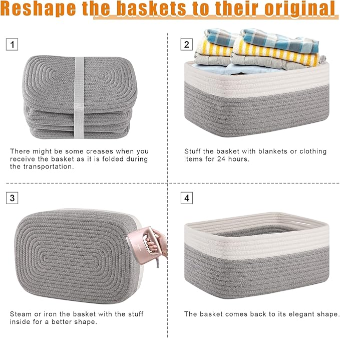OIAHOMY 4 Pack Storage Baskets for Organizing, Small Bins for Shelves, Cute Decorative Storage Bins, Organizer Baskets for Gifts Empty,13''Lx8.7''Wx5.1''H, Grey/White