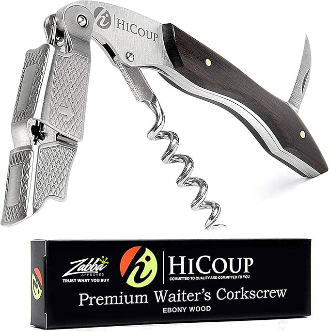 Hicoup Wine Opener - Professional Corkscrews for Wine Bottles w/Foil Cutter and Cap Remover - Manual Wine Key for Servers, Waiters, Bartenders and Home Use - Ebony Wood