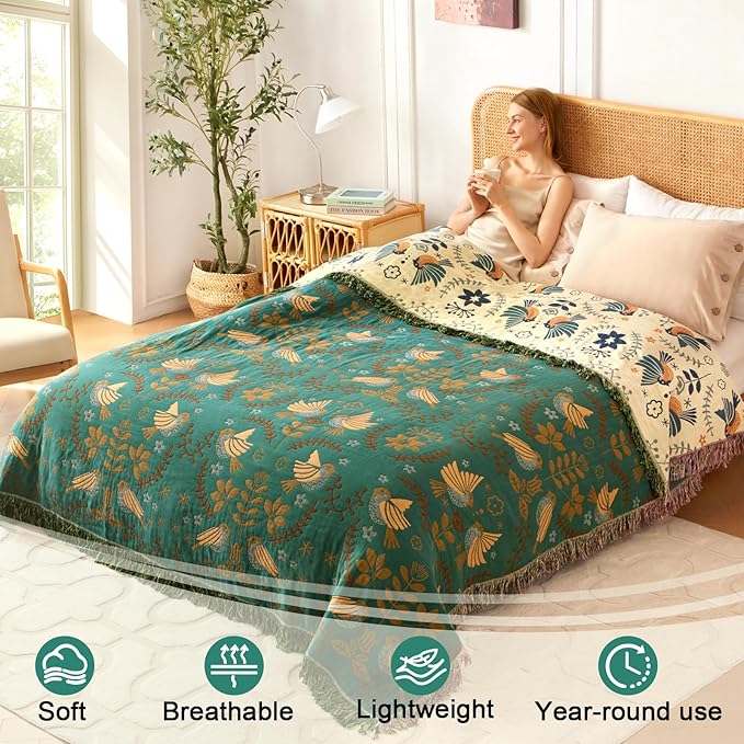 Boho Throw Blanket 90"x90", Soft Cozy 100% Cotton Blanket for Bed, Fall Blankets with Floral Bird Farmhouse Decor Breathable Lightweight Queen Size All Season