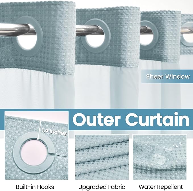 Fog Blue Stall No Hook Shower Curtain with Snap in Liner,230GSM Waffle Weave Shower Curtains for Bathroom,54W x 80H