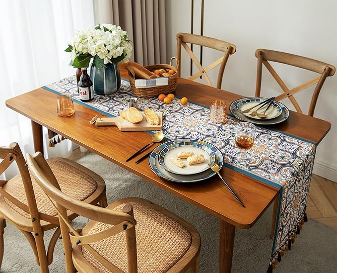 13×72 Inch Table Runner, Retro-Luxury Tassels Series for Kitchen Dining Table Holiday Decoration (Saliera)
