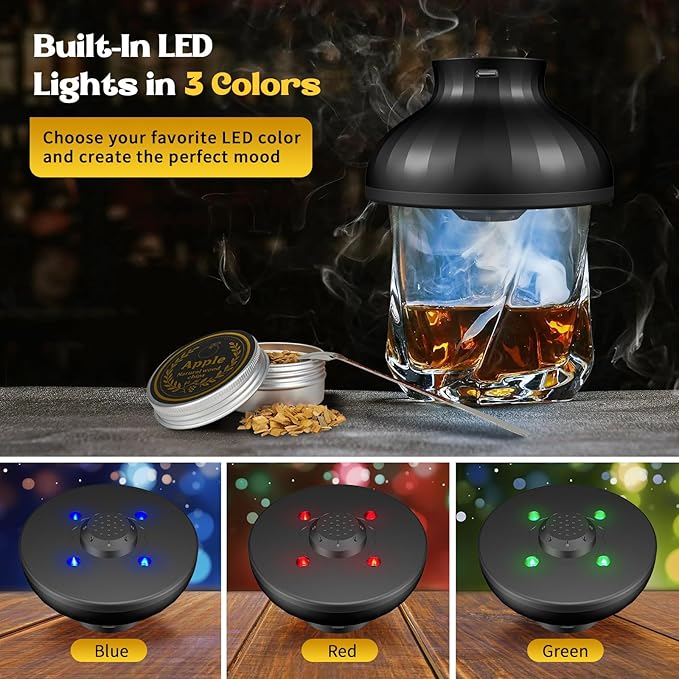 Electric Whiskey Smoker Kit, Rechargeable Cocktail Bourbon Smoker Kit with 6 Wood Chips for Whiskey Cocktails, Old Fashioned Drink Smoker Kit Birthday Christmas Gifts for Men, Dad, Husband (No Butane）