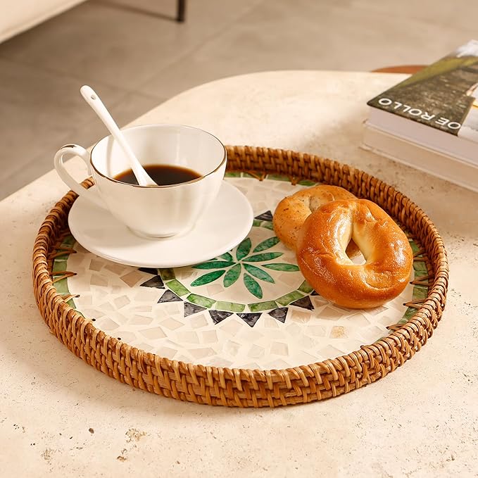 Round Rattan Tray with Mother of Pearl Inlay & Wooden Base - Decorative Wicker Serving Tray for Coffee/Bread/Fruits, Food Storage & Display - Multipurpose Home Decor (L,Bohemia)