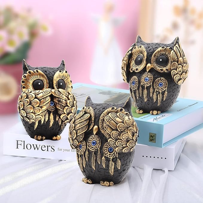 3 Owl Figurines Decor, Owl Statue Figurine, See No Hear No Speak No Evil Ornaments, Crafted Animal Sculpture, Cute Owls Decoration for Living Room, Office, Bookshelf, Bedroom - Black