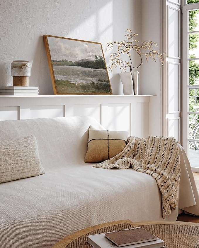 VIYYIEA Vintage Nature Framed Wall Art, Lakeside Landscape Paintings Art Decor Aesthetic, Canvas Print Artwork, Retro Scenery Wall Pictures for Bedroom Bathroom Office 12X16 Inch