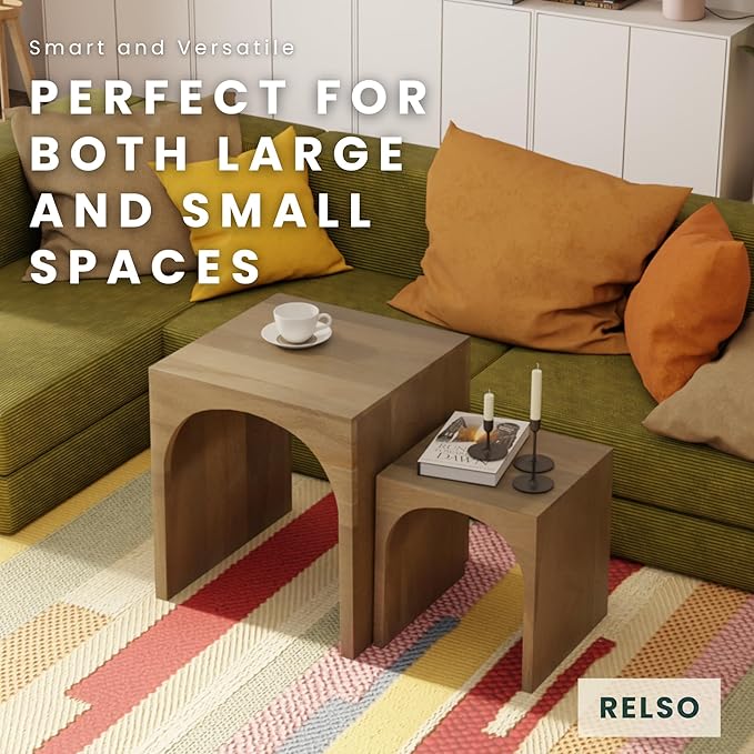 Relso Arch Duo Solid Mango Wood Nesting Tables for Living Room Set of 2 | Stylish Sustainable Design Side Tables | Pre-Assembled Unique Arched Cutouts | Mid Century Accent Table (Rustic Natural)