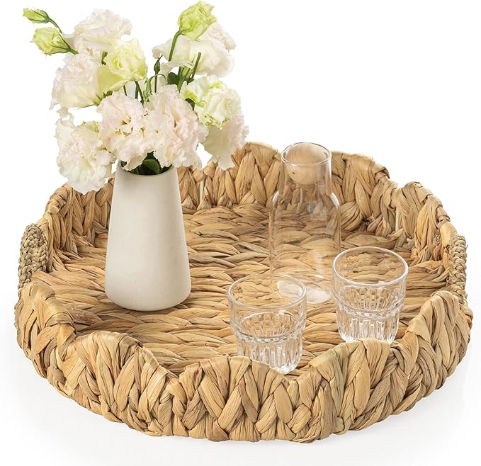 Round Wicker Scalloped Serving Tray with Handles - Seagrass Handwoven Trays,Water Hyacinth Tray for Home Decor and Living Room, Dining Table, Bathroom Organizing, 16.9" L x 16.9" W x 3.5" H