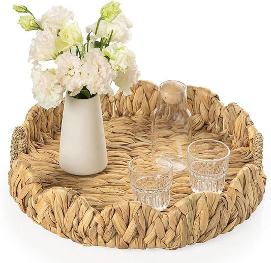 Round Wicker Scalloped Serving Tray with Handles - Seagrass Handwoven Trays,Water Hyacinth Tray for Home Decor and Living Room, Dining Table, Bathroom Organizing, 16.9" L x 16.9" W x 3.5" H