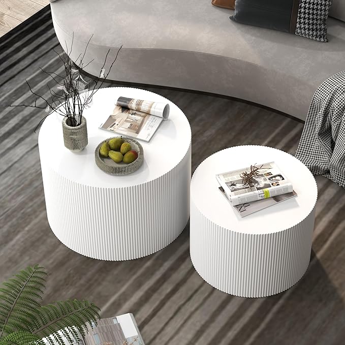 Round Coffee Table Set of 2, Modern Wooden White Nesting Coffee Tables for Living Room, No Assembly Required Circle Side Tables Set Accent End Table for Bedroom, Balcony