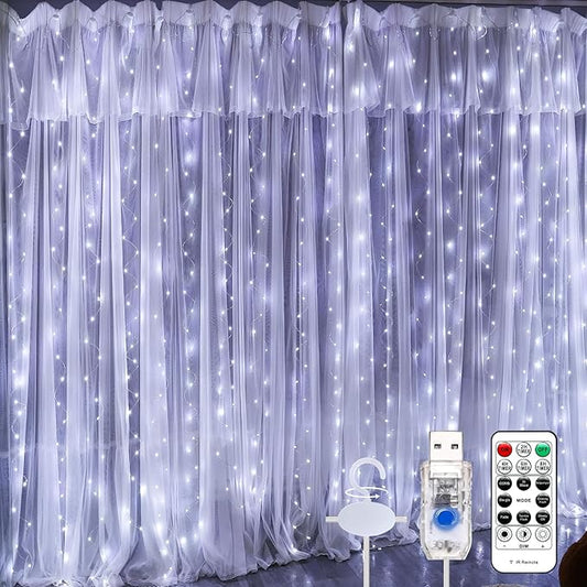 600LED White Curtain Lights for Bedroom, 19.6ft x 9.8ft Fairy Curtain String Light with 24 Hooks, 8 Modes Hanging Lights for Wedding, Party, Backdrop, Window, Xmas Decor