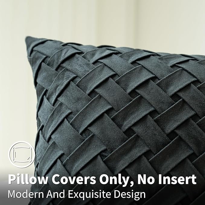 Velvet Decorative Throw Pillow Covers Set of 2, 18x18 Inch Soft Modern Weave Cushion Case, Farmhouse Home Decor Pillowcase for Sofa Living Room Couch Bed Black