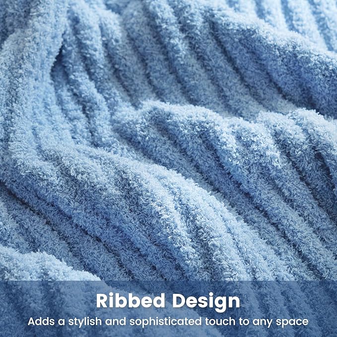 Snuggle Sac Ribbed Blue Throw Blanket for Couch, Microfiber Knit Stripe Throws, Soft Fuzzy Blankets for Couch, Sofa, Travel, Blue, 50x60 inches