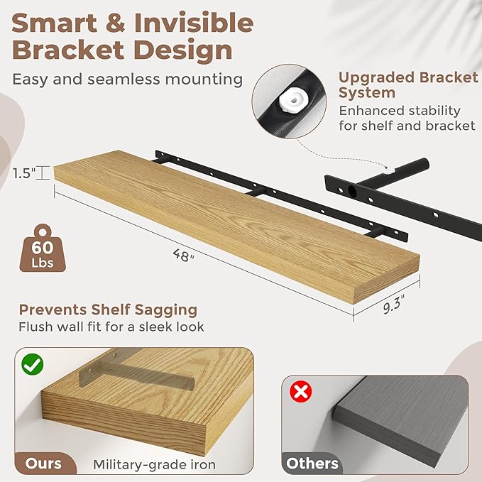 Floating Shelves for Wall with Invisible Brackets, Wall Mounted Engineered Wood Shelves with Wood Grain for Living Room, Bedroom, Bathroom, Kitchen Decor and Storage, Oak, 48"L Set of 2, Oak