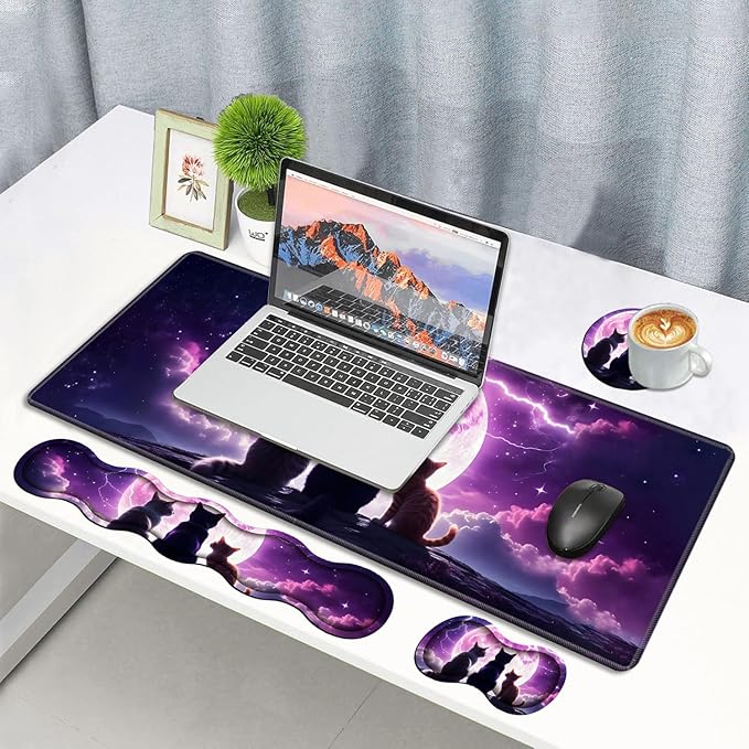 4 in 1 Ergonomic Memory Foam Mouse Pad Wrist Rest Set, Large XXL Gaming Desk Pad + Keyboard Wrist Rest + Mouse Wrist Cushion + Coaster for Home Office Study Gaming, Cats Under The Moon