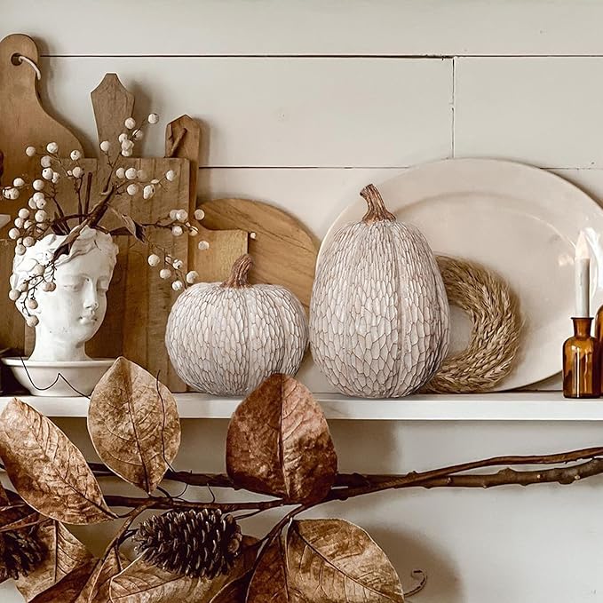 Thanksgiving Resin Pumpkins Fall Decor, Brown and White Decorative Pumpkins Figurine, Artificial Carved Faux Pumpkin Statues for Rustic Fall Tabletop Home Decor, Farmhouse, Autumn, Harvest, Wedding