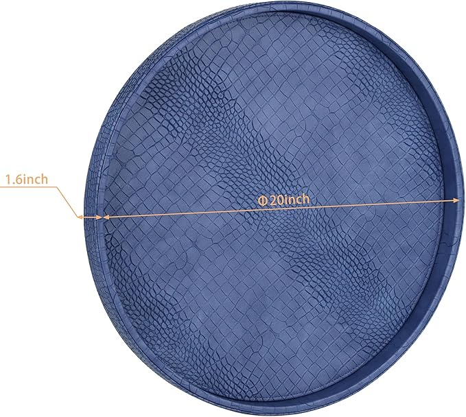 HofferRuffer Round Serving Tray 20'', Elegant Faux Leather Circle Ottoman Table Tray, Serve Tea Coffee Breakfast in Bedroom Living Room Kitchen (Blue, 20")