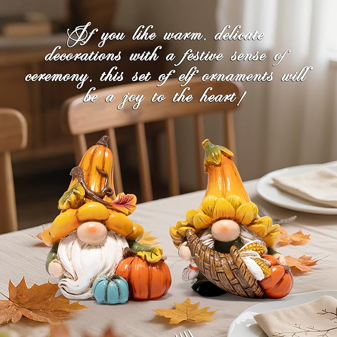 Hodao Fall Decorations for Home, 2 Pcs Thanksgiving Gnome Figurines Resin Autumn Pumpkin Gnomes Statues, Cute Fall Thanksgiving Decor for Home Table Shelf, Perfect Fall Gift for Family Friends