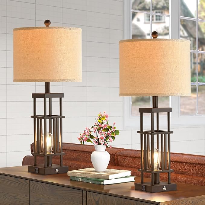 29.5" Table Lamps for Living Room Set of 2, Farmhouse Table Lamps with USB C+A Ports, Touch Control Bedside Lamps with Oil Rubbed Bronze Finish, Bulbs Included