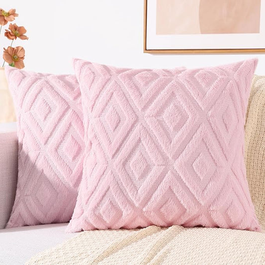 decorUhome Couch Throw Pillow Covers 26x26 Set of 2, Decorative Soft Plush Faux Wool Neutral Accent Pillow Covers for Bed Sofa Living Room, Light Pink