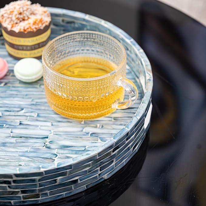 PEMAR 12.6” Mother of Pearls Lacquer Inlaid Round Serving Tray with Handles, Round Decorative Nacred Wooden Ottoman Coffee Table Tray (Blue Tiles)