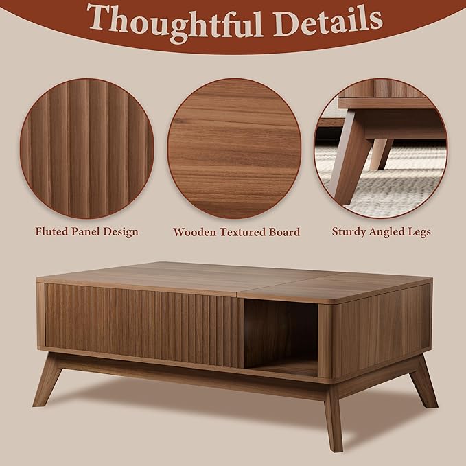 Lift Top Coffee Table with Storage Hidden Compartment, 40" Mid - Century Modern Wooden Living Room Center Table, Adjustable Height Desk for Laptop, Multifunctional Sofa Side Table，Walnut