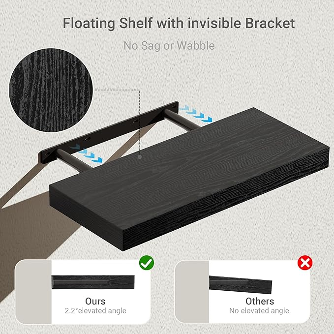 Vivelove Black Floating Shelves for Wall, 16 inchs x 6.7” deep x 1.4” Wall Shelf for Bathroom Bedroom, Living Room, Kitchen, Office Home Decor, Narrow Wood Shelves with Invisible Brackets Set of 2