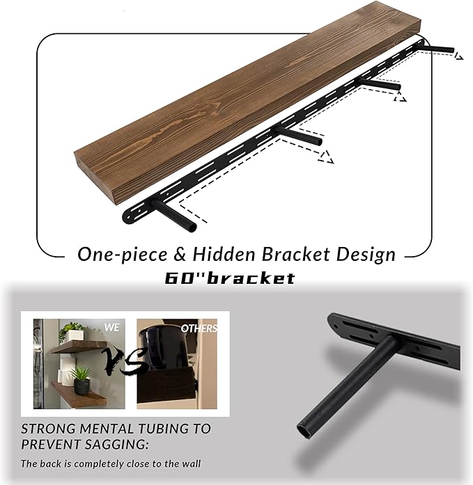 Walnut Floating Shelves 60 Inch Long 8-in Deep Set of 2, High End Real Solid Wood Floating Shelves for Wall,Suitable for Kitchen and Coffee Bar, with Sturdy Hidden Bracket