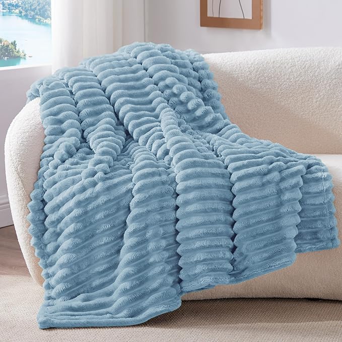 BEDELITE Fleece Throw Blanket for Couch - 300GSM Soft & Warm Fluffy Light Blue Blanket, Decorative and Giftable Striped Blankets for Women, Men, 50"x60"