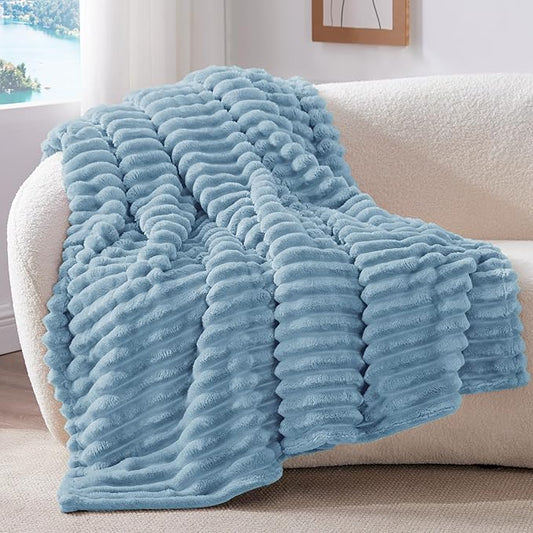 BEDELITE Twin Blanket for Couch & Bed, 300GSM Soft & Warm Fleece Blanket, Decorative and Giftable Striped Light Blue Blankets for Women, Men, 60"x80"