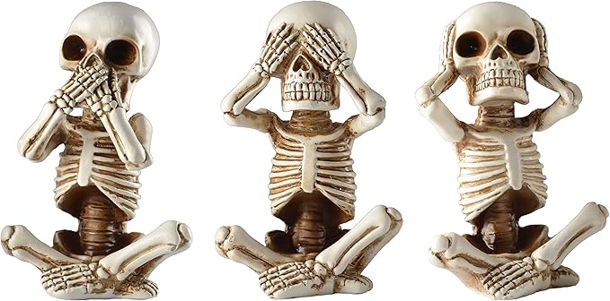 JORAE Skeletons Statue Hear See Speak No Evil Baby Halloween Figurines Home Decorative, Set of Three, 4.8 in, Oyster White Polyresin