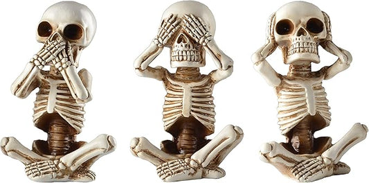 JORAE Skeletons Statue Hear See Speak No Evil Baby Halloween Figurines Home Decorative, Set of Three, 4.8 in, Oyster White Polyresin