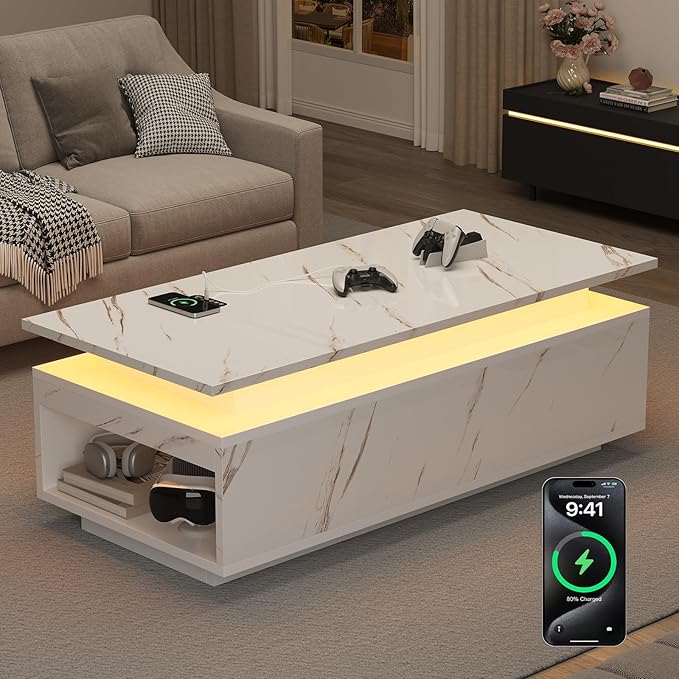 LED Coffee Table, 47.2" Coffee Tables for Living Room with Wireless Charging & Bluetooth Speaker, Smart Center Table for Living Room with Storage, White Marble Tables