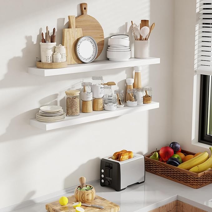 40 Inch Floating Shelves, 8 Inch Deep Floating Shelves for Wall, Hanging Shelf with Invisible Brackets, Deep Shelves for Bathroom, Bedroom, Living Room, White, Set of 2