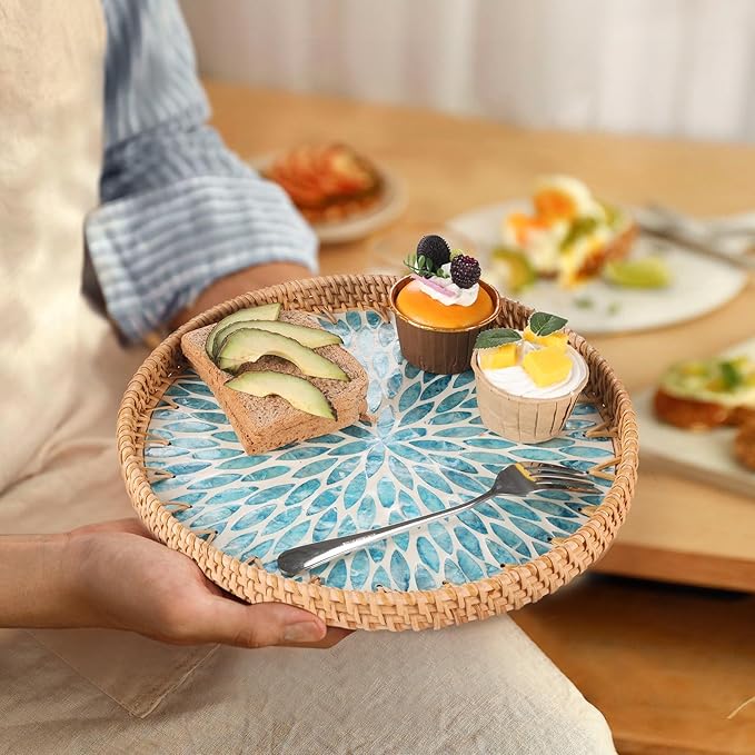 Round Rattan Tray with Mother of Pearl Inlay, Rattan Serving Tray for Coffee, Bread, Fruits, Decorative Wicker Tray for Table Decor, Home Decor, Kitchen Island Decor (Turquoise Leaf, 11.8")