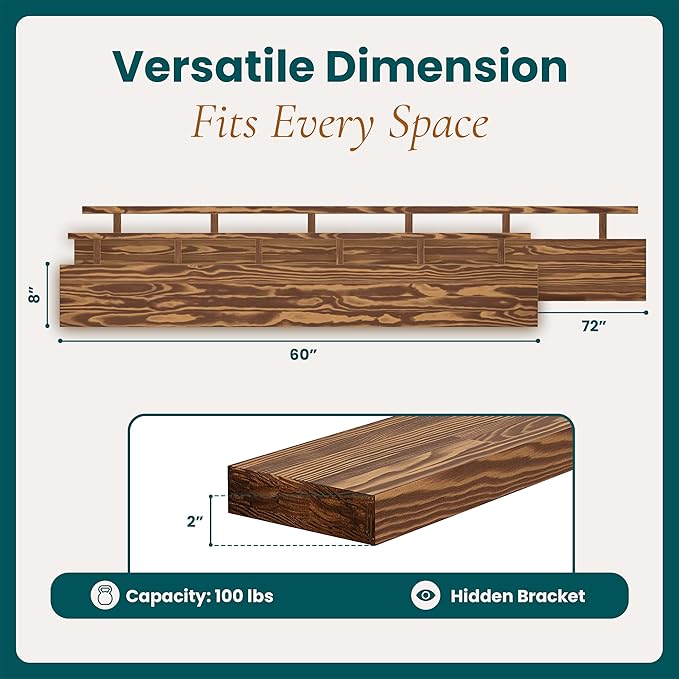 60'' Pine Wood Floating Shelf for Wall - Rustic Wall Mounted Wooden Shelf for Stylish Home Décor, Fireplace Mantel 60inch (Light Walnut, 60x8x2) - 1pcs