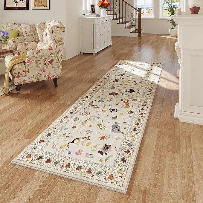 Rugcomf Runner Rug for Kitchen Non Slip 2'6''x8' Washable Rugs with Rubber Backing Soft Floral Animal Cat Carpet Runner for Kitchen Laundry Bedroom Bathroom, Beige