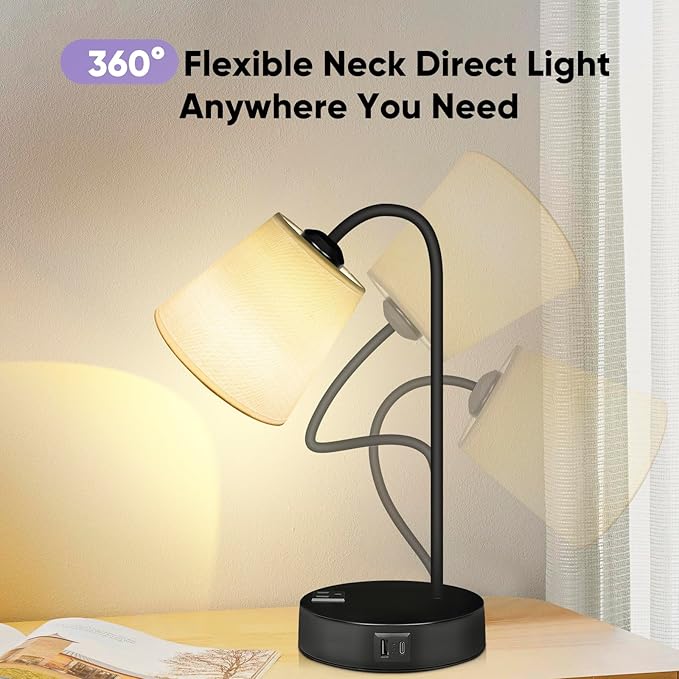 Industrial Table Lamps Set of 2 for Bedroom-3 Way Dimmable Touch Bedside Lamp for Nightstand with USB C+A Ports and Outlet,Desk Lamp with Fabric Shade for Living Room,Home,Office