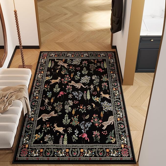 Rugcomf Area Rug 4x6 Rug Washable Boho Rugs Non Slip Low Pile Floral Animal Small Carpet for Bedroom, Bedside, Kids Room, Office, Dining Room (Black)