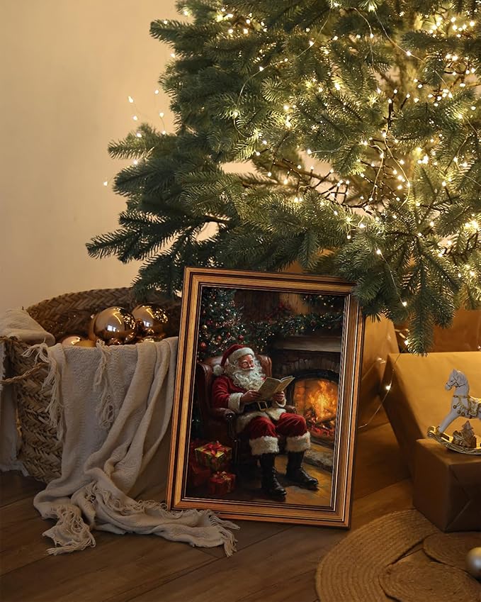 VIYYIEA Vintage Gold Framed Wall Art for Living Room, Christmas Canvas Prints Home Decor, Oil Painting Picture, Bedroom Wall Decor Gifts for Friends or Family -【Santa Claus Reading 】-(16L x 12W)