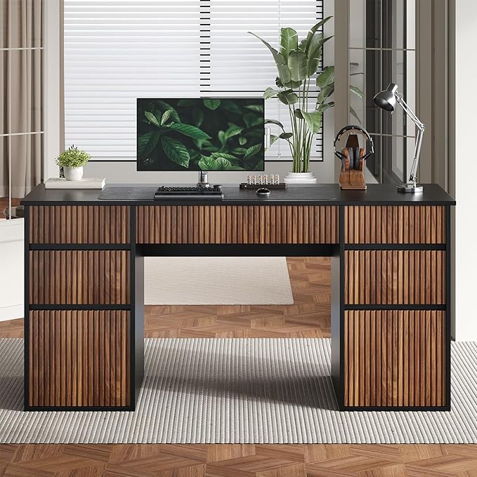 4 EVER WINNER Black Desk with Drawers, 58" Executive Office Desk with 7 Drawers and Hidden Handle, Computer Desk with File Cabinets for Living Room Study Table for Bedroom, Black