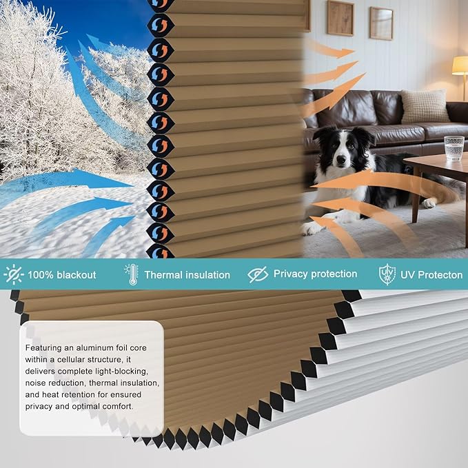 MYshade Top Down Bottom Up（TDBU） Cellular Shades, 1.5 inch Cordless Blackout Honeycomb Pleated Blinds for Windows Home Bedroom Office, Light Control, Thermal Insulated, 27" W x 72" H, Light Brown