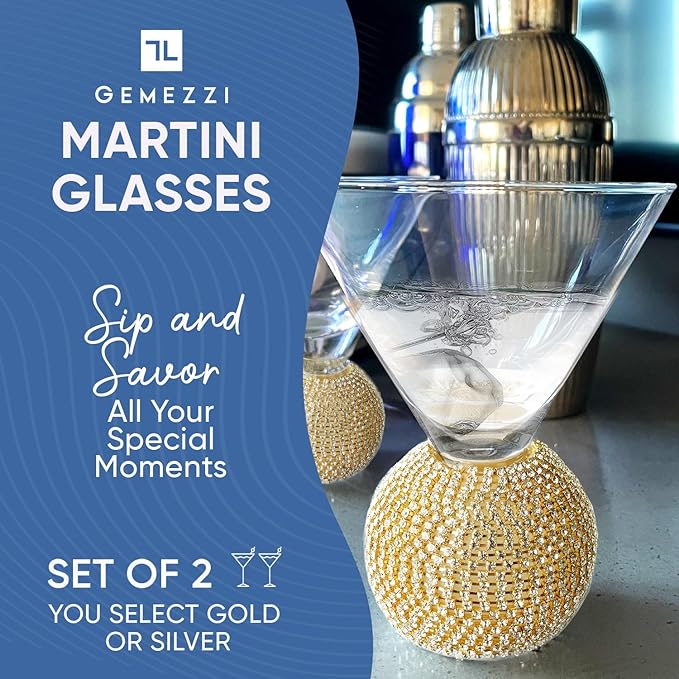 Stemless Martini Glasses Set of 2, Silver Stemless Modern Cocktail Glass, Crystal Ball Base in Elegant Box, Perfect Bar Accessories for Margarita, Manhattan, Cosmos, Mixed Drinks, and Desserts