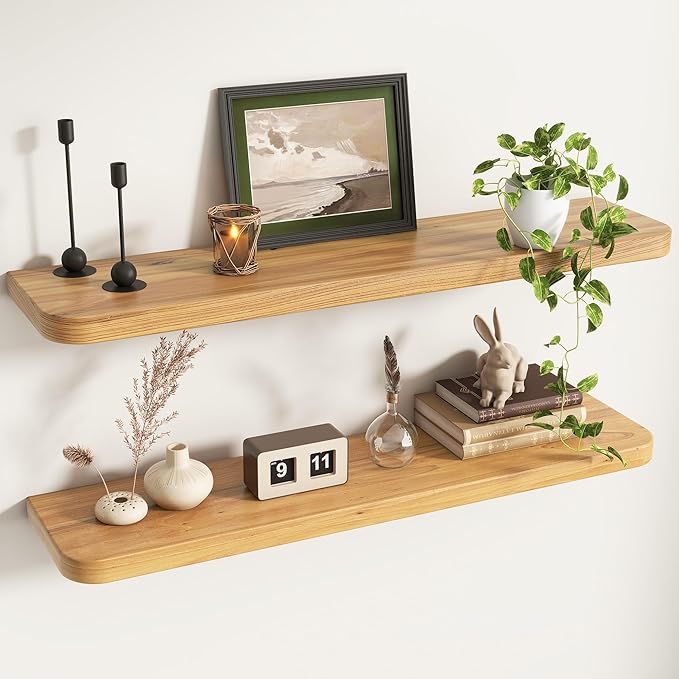Rustic Elm Wood Floating Shelves for Wall Round Edge, 39"W x 9.2"D x 1.37"H, Set of 2 with Invisible Bracket, Wall Mounted Storage Shelves for Living Room Bedroom Kitchen Bathroom Decor, Natural