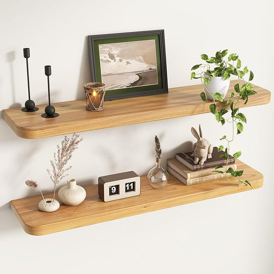 Rustic Elm Wood Floating Shelves for Wall Round Edge, 39"W x 9.2"D x 1.37"H, Set of 2 with Invisible Bracket, Wall Mounted Storage Shelves for Living Room Bedroom Kitchen Bathroom Decor, Natural