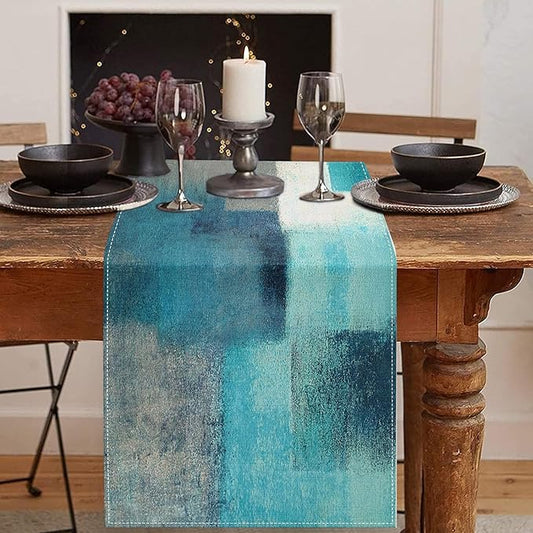 Emvency Farmhouse Table Runner, Modern Teal and Grey Abstract Art Painting for Kitchen Coffee Table Family Dinners Holiday Parties Wedding Events Decor(13x72 inch)