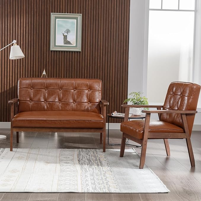 Okeysen Modern Loveseat Sofa Set,Upholstered Leather Couch Love Seats 2-Seat & Accent Chair,Living Room Furniture Sets,Small Couches for Small Spaces Living Room,Apartment,Office(Brown)