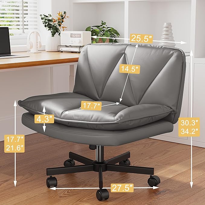 Armless Criss Cross Chair with Wheels, Leather Cross Legged Office Chair with 2-Layer Cushion,Swivel Modern Home Office Desk Chair 25.5" Wide Seat Height Adjustable for Craft Room,Vanity,Grey
