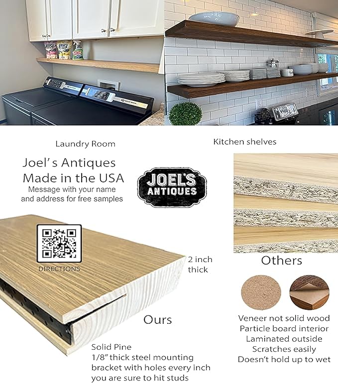 joelsantiques - 42 Inch Wooden Floating Shelves for Wall - 42x6x2 in - Made of Natural Wood - Long Heavy Duty Rustic Wall Shelves for Bedroom - Perfect for Living Room, Kitchen - Black