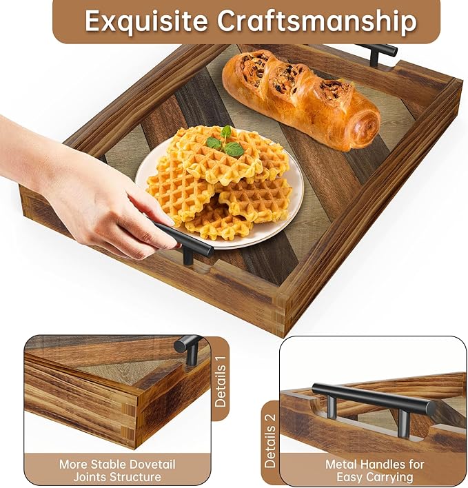 Butizone Wood Serving Tray with Handles, Rustic Ottoman Tray for Breakfast in Bed, Coffee Table, Entertaining, Home Decor, Decorative Nesting Trays, Ideal for Kitchen, Bedroom, Living Room, Set of 2