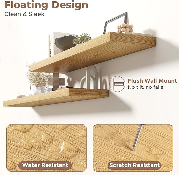 Floating Shelves for Wall with Invisible Brackets, Wall Mounted Engineered Wood Shelves with Wood Grain for Living Room, Bedroom, Bathroom, Kitchen Decor and Storage, Oak, 71"L Set of 2, Oak